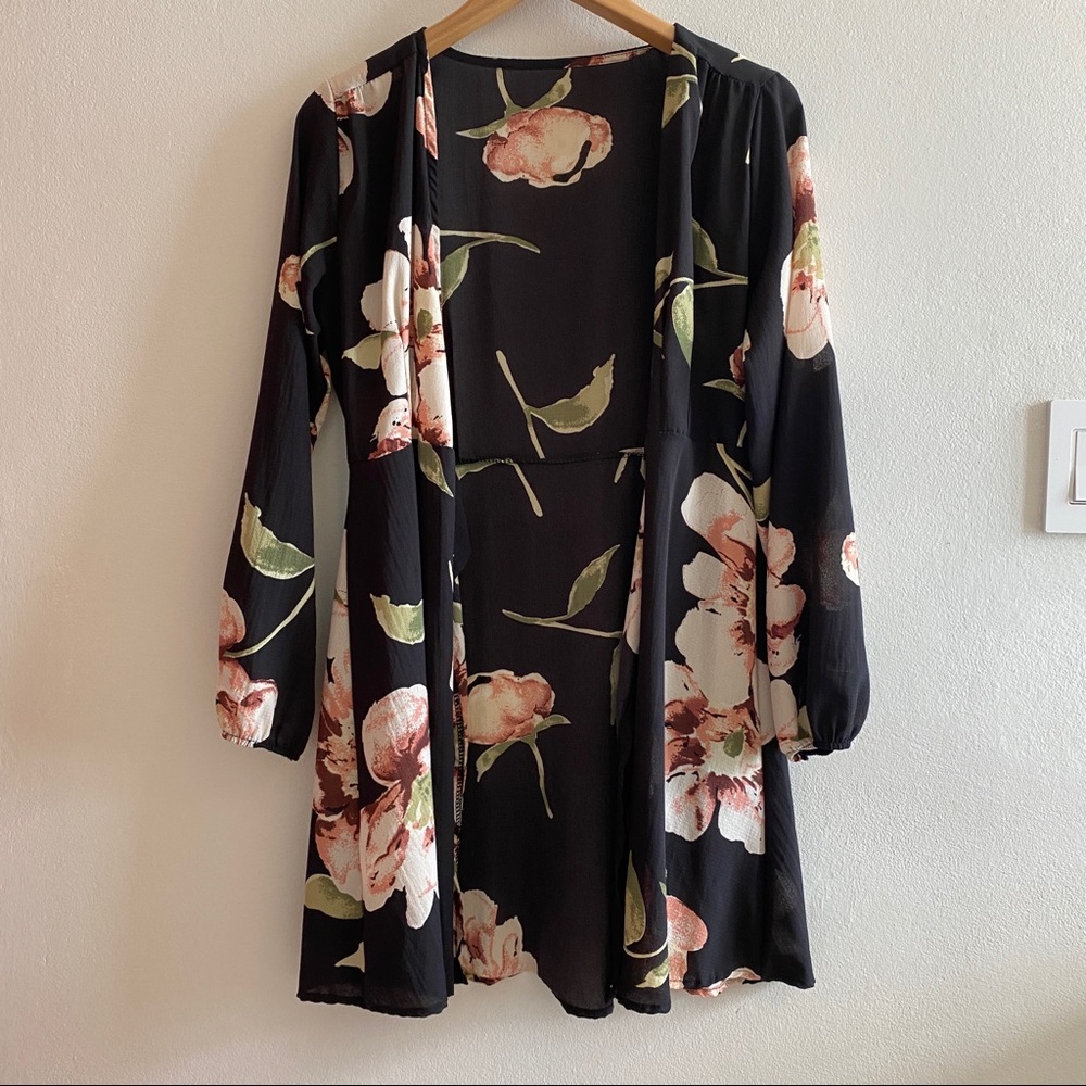 Floral Black Kimono with Pink and Green Print